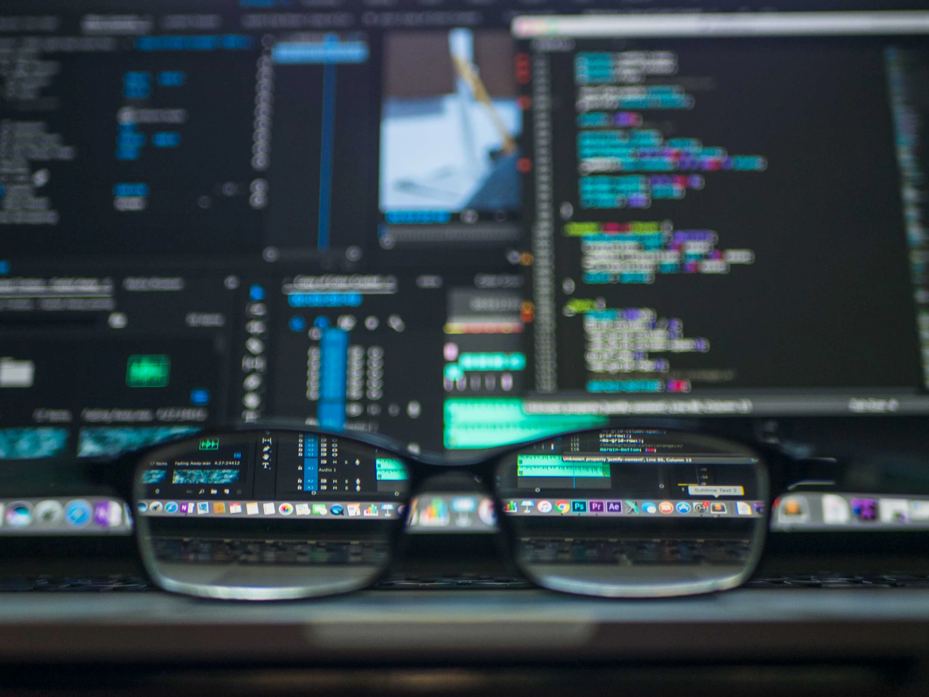 Ambiente de trabalho escuro com telas exibindo linhas de código